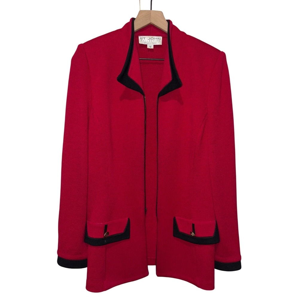 St. John Women Santana Knit Jacket Red Black Open/Zip Sz 12 Blazer Office